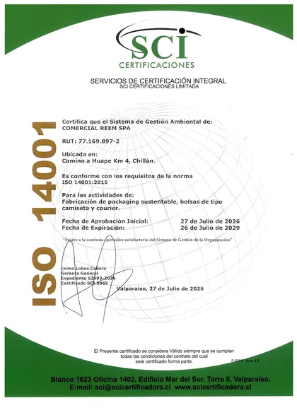 Certificado ISO 14001:2015 de SCI Certificaciones para Comercial Reem SpA