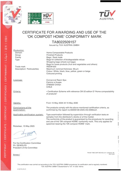 Certificado OK compost HOME de TÜV Austria para las bolsas de Reem, N° TA8022509157