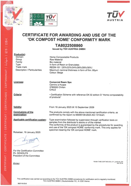 Certificado OK compost HOME de TÜV Austria para la resina de Reem, N° TA8022508860